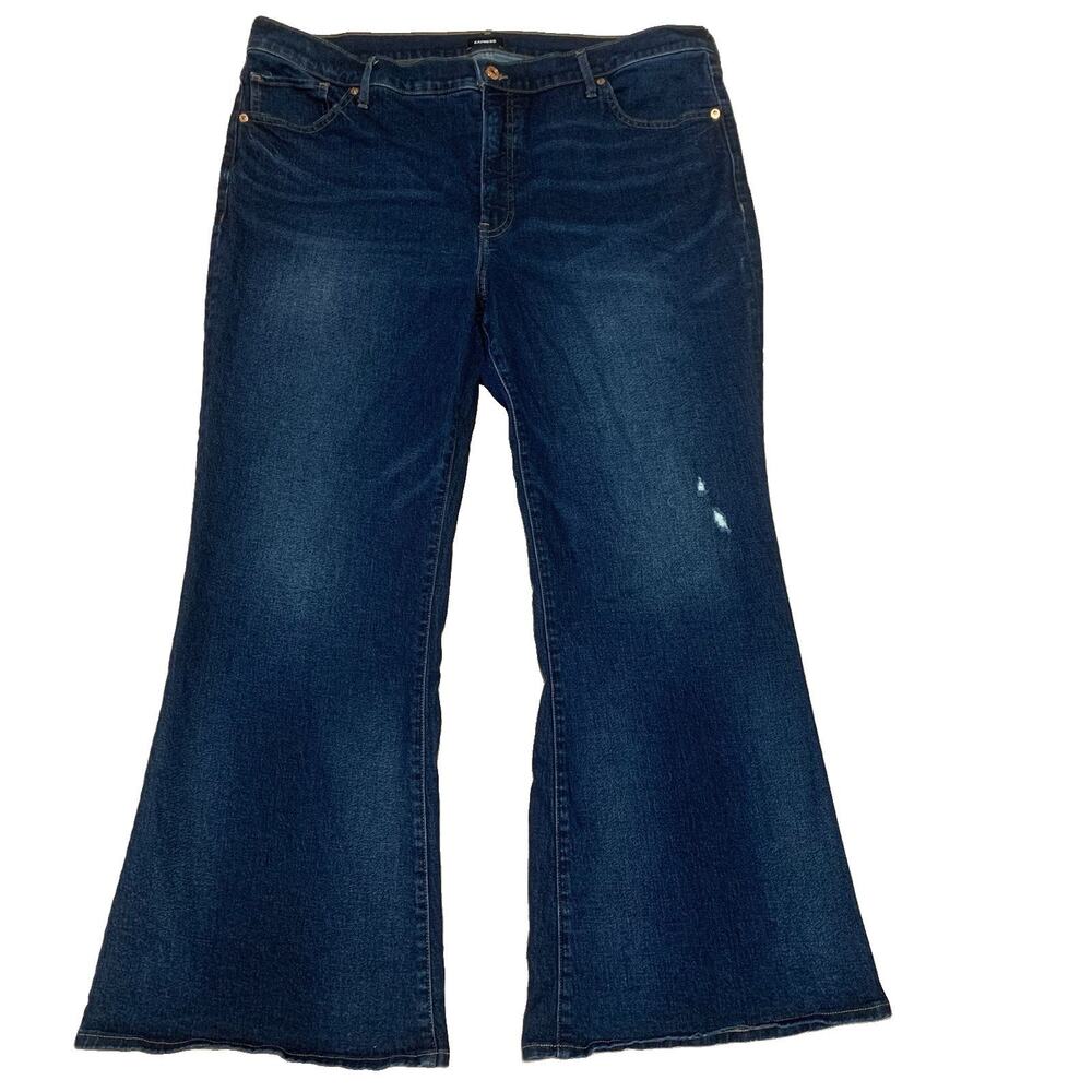 Express Mid Rise '70s Flare Jeans Dark Denim Stretch Women's Size 18 Short